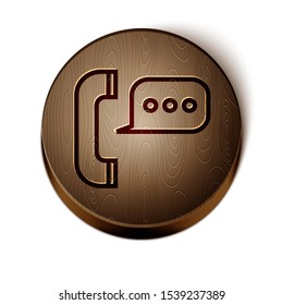 Brown line Telephone with speech bubble chat icon isolated on white background. Support customer service, hotline, call center, faq, maintenance. Wooden circle button. Vector Illustration