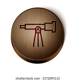 Brown line Telescope icon isolated on white background. Scientific tool. Education and astronomy element, spyglass and study stars. Wooden circle button. Vector Illustration