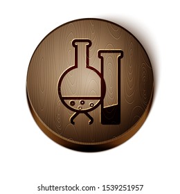 Brown line Test tube and flask - chemical laboratory test icon isolated on white background. Laboratory glassware sign. Wooden circle button. Vector Illustration