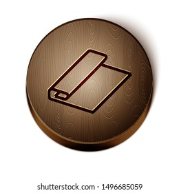 Brown line Textile fabric roll icon isolated on white background. Roll, mat, rug, cloth, carpet or paper roll icon. Wooden circle button. Vector Illustration