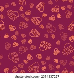 Brown line Ticket icon isolated seamless pattern on red background. Amusement park.  Vector