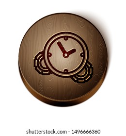 Brown line Time Management icon isolated on white background. Clock and gear sign. Productivity symbol. Wooden circle button. Vector Illustration