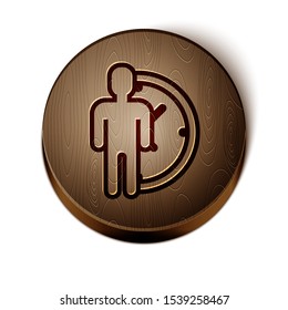 Brown line Time Management icon isolated on white background. Clock and gear sign. Productivity symbol. Wooden circle button. Vector Illustration
