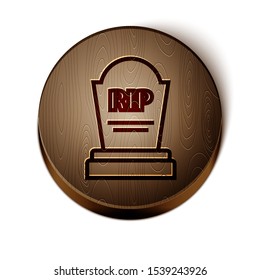 Brown line Tombstone with RIP written on it icon isolated on white background. Grave icon. Wooden circle button. Vector Illustration