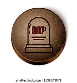 Brown line Tombstone with RIP written on it icon isolated on white background. Grave icon. Wooden circle button. Vector Illustration