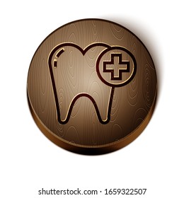 Icono de diente marrón aislado en fondo blanco. Símbolo dental para clínica odontológica o centro médico odontológico y paquete de pasta dentífrica. Botón de círculo de madera. Ilustración vectorial