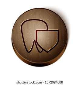 Brown line Tooth with shield icon isolated on white background. Dental insurance. Security, safety, protection, protect concept. Wooden circle button. Vector Illustration