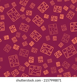 Brown line Topographic map with route and coordinates icon isolated seamless pattern on red background.  Vector