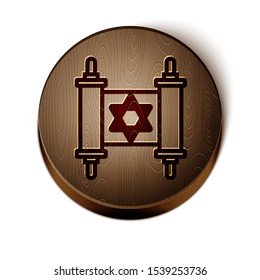Brown line Torah scroll icon isolated on white background. Jewish Torah in expanded form. Star of David symbol. Old parchment scroll. Wooden circle button. Vector Illustration