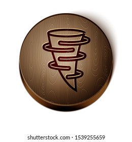 Brown line Tornado icon isolated on white background. Wooden circle button. Vector Illustration