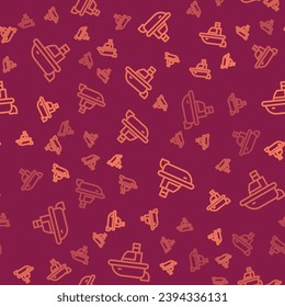 Brown line Toy boat icon isolated seamless pattern on red background.  Vector