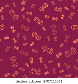 Brown line Tractor icon isolated seamless pattern on red background.  Vector