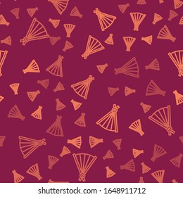 Brown line Traditional paper chinese or japanese folding fan icon isolated seamless pattern on red background.  Vector Illustration