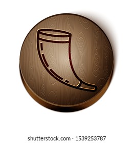 Brown line Traditional ram horn, shofar icon isolated on white background. Rosh hashanah, jewish New Year holiday traditional symbol. Wooden circle button. Vector Illustration