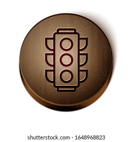 Brown line Traffic light icon isolated on white background. Wooden circle button. Vector Illustration