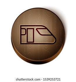 Brown line Train icon isolated on white background. Public transportation symbol. Subway train transport. Metro underground. Wooden circle button. Vector Illustration