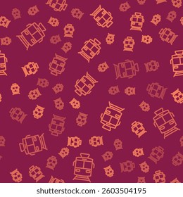 Brown line Tram and railway icon isolated seamless pattern on red background. Public transportation symbol.  Vector