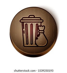 Brown line Trash can and garbage bag icon isolated on white background. Garbage bin sign. Recycle basket icon. Office trash icon. Wooden circle button. Vector Illustration