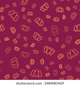 Brown line Trees icon isolated seamless pattern on red background. Forest symbol.  Vector