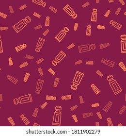 Brown line Tube of toothpaste icon isolated seamless pattern on red background.  Vector
