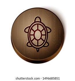 Brown line Turtle icon isolated on white background. Wooden circle button. Vector Illustration