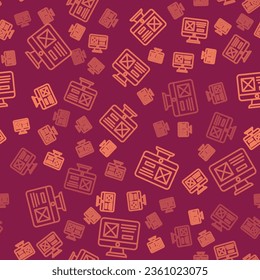 Brown line UI or UX design icon isolated seamless pattern on red background.  Vector