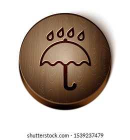 Brown line Umbrella and rain drops icon isolated on white background. Waterproof icon. Protection, safety, security concept. Water resistant symbol. Wooden circle button. Vector Illustration