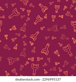 Brown line Vegetable peeler icon isolated seamless pattern on red background. Knife for cleaning of vegetables. Kitchen item, appliance.  Vector