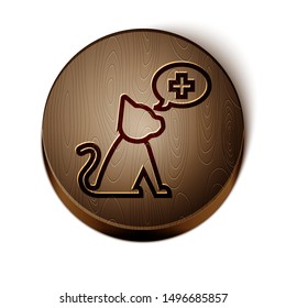 Brown line Veterinary clinic symbol icon isolated on white background. Cross with cat veterinary care. Pet First Aid sign. Wooden circle button. Vector Illustration