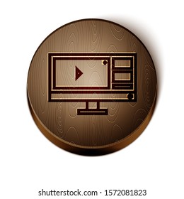 Brown line Video recorder or editor software on computer monitor icon isolated on white background. Wooden circle button. Vector Illustration