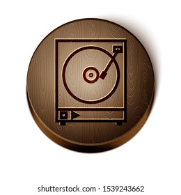 Brown line Vinyl player with a vinyl disk icon isolated on white background. Wooden circle button. Vector Illustration