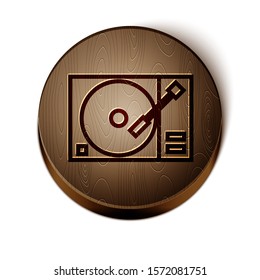 Brown line Vinyl player with a vinyl disk icon isolated on white background. Wooden circle button. Vector Illustration