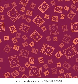 Brown line Vinyl player with a vinyl disk icon isolated seamless pattern on red background.  Vector Illustration