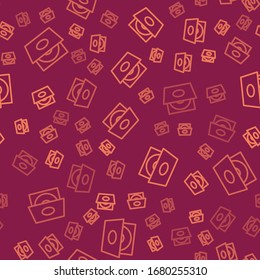 Braune Linie Vinyl-Player mit einer Vinyl-Disk Symbol einzeln nahtlos Muster auf rotem Hintergrund. Vektorillustration-Illustration
