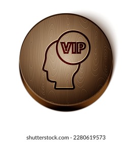 Vip de línea marrón dentro del icono de cabeza humana aislado en fondo blanco. Botón de círculo de madera. Vector