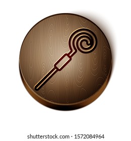 Brown line Walking stick icon isolated on white background. Happy Saint Patricks day. Wooden circle button. Vector Illustration