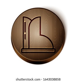 Brown line Waterproof rubber boot icon isolated on white background. Gumboots for rainy weather, fishing, gardening. Wooden circle button. Vector Illustration