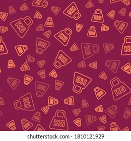 Brown line Weight icon isolated seamless pattern on red background. Kilogram weight block for weight lifting and scale. Mass symbol.  Vector Illustration