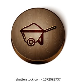 Brown line Wheelbarrow with dirt icon isolated on white background. Tool equipment. Agriculture cart wheel farm. Wooden circle button. Vector Illustration