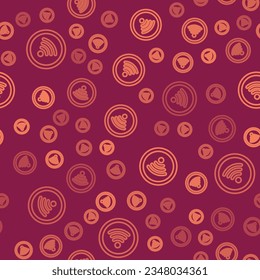 Brown line Wi-Fi wireless internet network symbol icon isolated seamless pattern on red background.  Vector Illustration