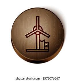 Brown line Wind turbine icon isolated on white background. Wind generator sign. Windmill for electric power production. Wooden circle button. Vector Illustration