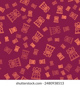 Brown line Windmill icon isolated seamless pattern on red background.  Vector