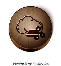 Brown line Windy weather icon isolated on white background. Cloud and wind. Wooden circle button. Vector Illustration