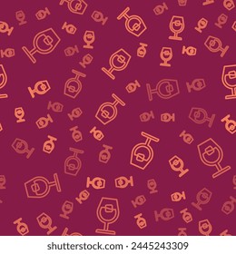 Brown line Wine glass icon isolated seamless pattern on red background. Wineglass sign.  Vector