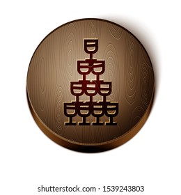 Brown line Wine glasses stacked in a pyramid tower icon isolated on white background. Wineglass sign. Wooden circle button. Vector Illustration