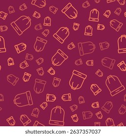 Brown line Winter hat icon isolated seamless pattern on red background.  Vector