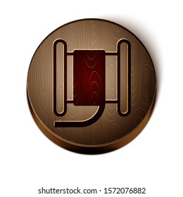 Brown line Wire electric cable on a reel or drum icon isolated on white background. Wooden circle button. Vector Illustration