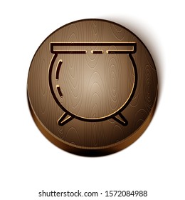 Brown line Witch cauldron icon isolated on white background. Happy Saint Patricks day. Wooden circle button. Vector Illustration