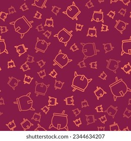 Brown line Witch cauldron icon isolated seamless pattern on red background. Happy Halloween party.  Vector