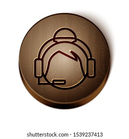 Brown line Woman with a headset icon isolated on white background. Support operator in touch. Concept for call center, client support service. Wooden circle button. Vector Illustration